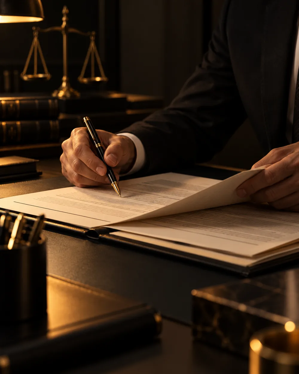 Profissional analisando documentos jurídicos em uma mesa de trabalho
